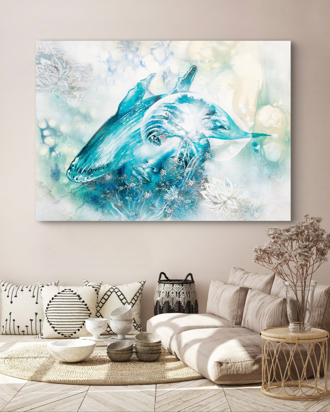 Abstract painting of a whale head on a wall in a living room.
