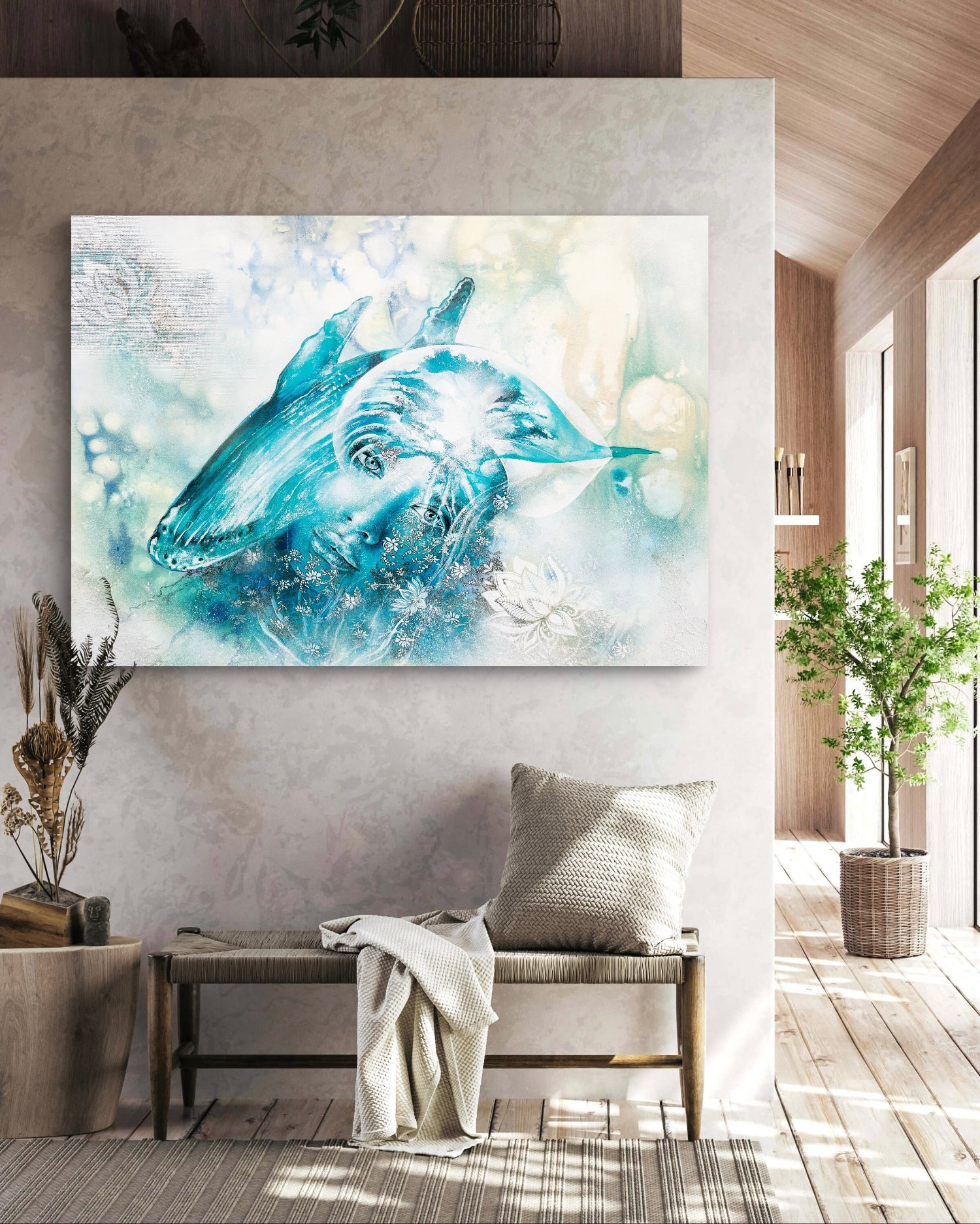 Abstract painting of a Whale on a wall in a modern living room.